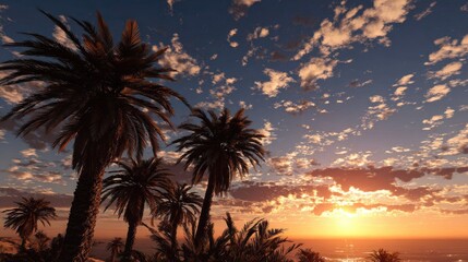 Silhouette of tropical palm trees displayed against a dramatic golden sunset over a body of water