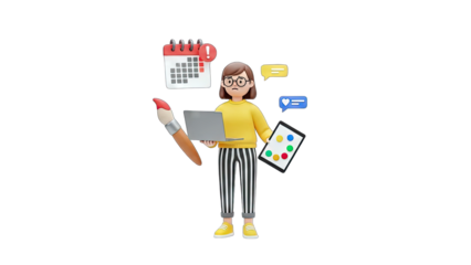 Busy Designer with Laptop, Tablet, and Calendar - Overwhelmed