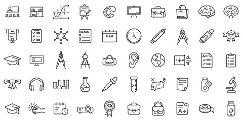 A collection of educational icons featuring various subjects and tools for learning and creativity.