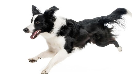 Fototapeta premium border collie running in place, frozen motion, ultra sharp focus, isolated on white background, professional studio light