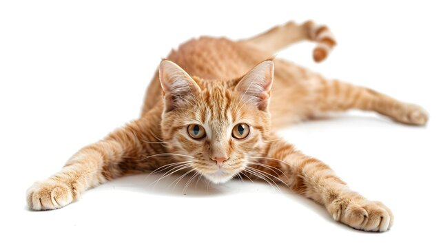 cat stretching forward, elegant pose, minimal composition, white background, realistic lighting