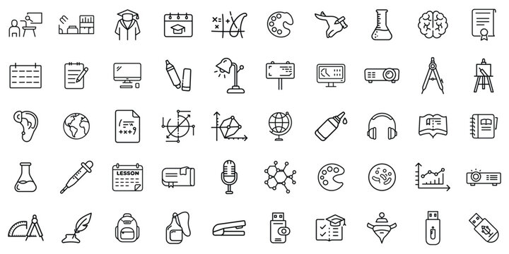 A collection of educational icons representing various subjects and tools for learning.