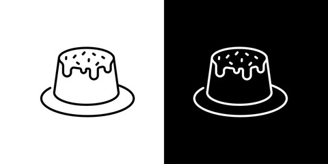 Minimalist vector line art icon of a frosted dessert, featuring a small cake with decorative sprinkles and sweet icing glaze, suitable for branding