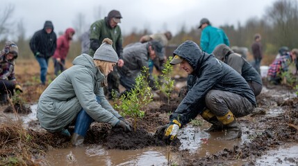 Volunteers planting trees in muddy field during reforestation activity.