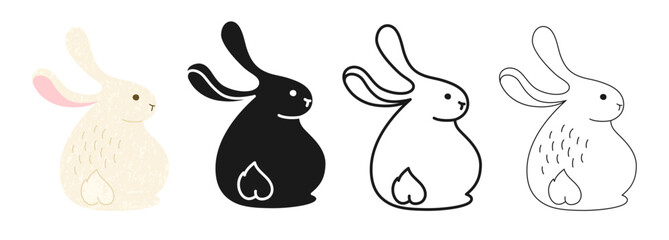 Rabbit or hare texture vector symbol cartoon set. Cute adorable bunny for Happy Easter card, postcard, invitation, poster, stationery. Cartoon whimsical rabbit animal Easter symbols linear icon