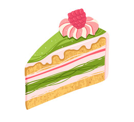 Piece of Cake with raspberry colorful dripping glaze texture illustration. Sweet bright holiday bakery pie art. Vector hand drawn cartoon design for menu signboard, showcase print, poster, wallpaper