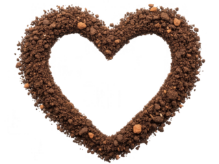 Heart shape made of soil and small stones on transparent background