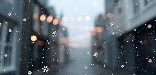 Snowflakes gently falling on a festive Christmas street, adorned with lights, captured in realistic HD clarity