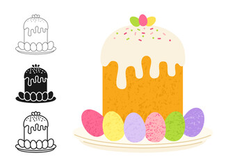 Easter cake and eggs for Happy Easter symbol cartoon set. Holiday Easter bakery cute sweet bread with icing sweet pastry linear doodle icon. Hand drawn vector grainy texture isolated illustration