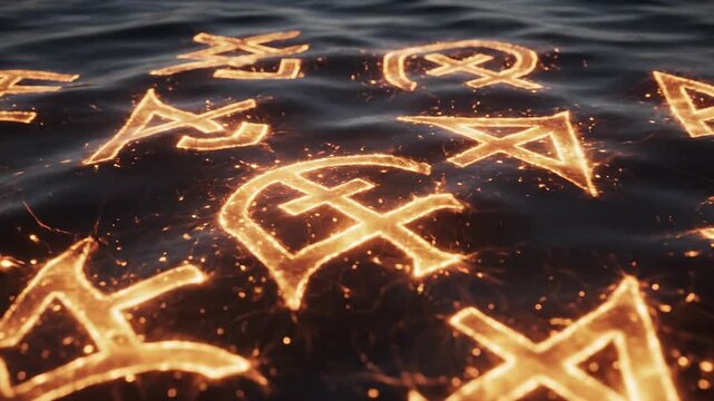 Flowing abstract ancient runic patterns animated across a dark, rippling water surface symbolizing deep history and mythology connection, data flow, network