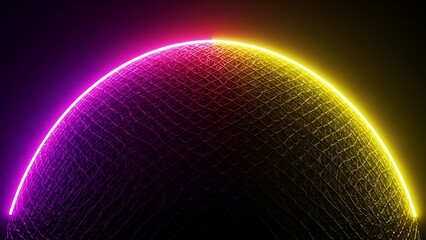 Abstract sphere with vibrant neon highlights and intricate grid texture on a dark backdrop