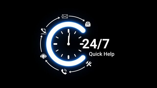 Vivid neon blue clock encircled by white representing communication and service, denoting quick 24/7 help and customer assistance availability Keywords: 24/7, round the clock, continuous service