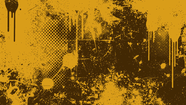 Abstract grunge background with splatters paint splotches dripping paint and halftone pattern on dirty scratched surface dark style.