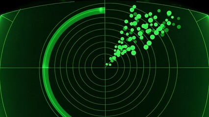 Digital radar screen displaying detected objects and circular scan pattern with neon green hue