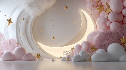 Whimsical pale pink and white dreamscape features glowing moon, soft clouds, and golden celestial accents
