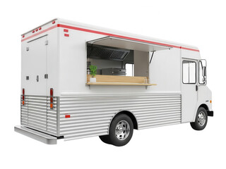 Detailed white food truck illustration side view perfect for designs on transparent background