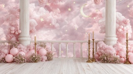 Ornate classical balcony setting adorned with pink clouds, stars, and celestial accents against a dreamy sky