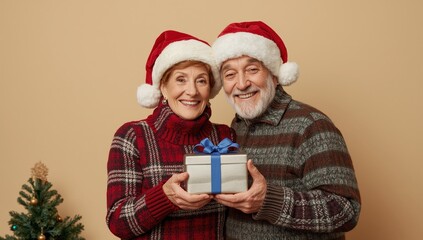 Smiling mature couple wearing holiday hats holds a beautifully wrapped present together