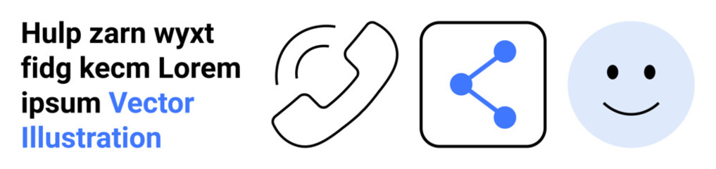 Communication, social networking, customer service, sharing, positive feedback, digital connectivity. A phone icon, sharing symbol and a happy face. Communication and social networking concept