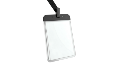 A clear plastic ID holder with a black lanyard, slightly angled on a black background