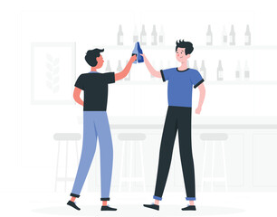 Obraz premium Two men toasting with drinks in a modern bar environment