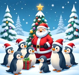Fototapeta premium Santa with cute little penguins 