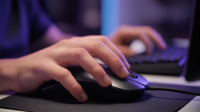 closeup of hand with mouse rapidly during gaming with neon light atsmosphere
