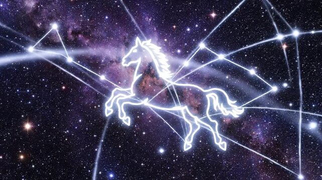 Ethereal glowing horse constellation forms in a cosmic starry night sky with nebula for astrology and future destiny concept
