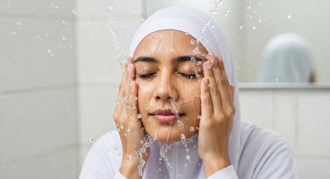 Young Muslim woman in hijab washing her face with water in a bathroom.