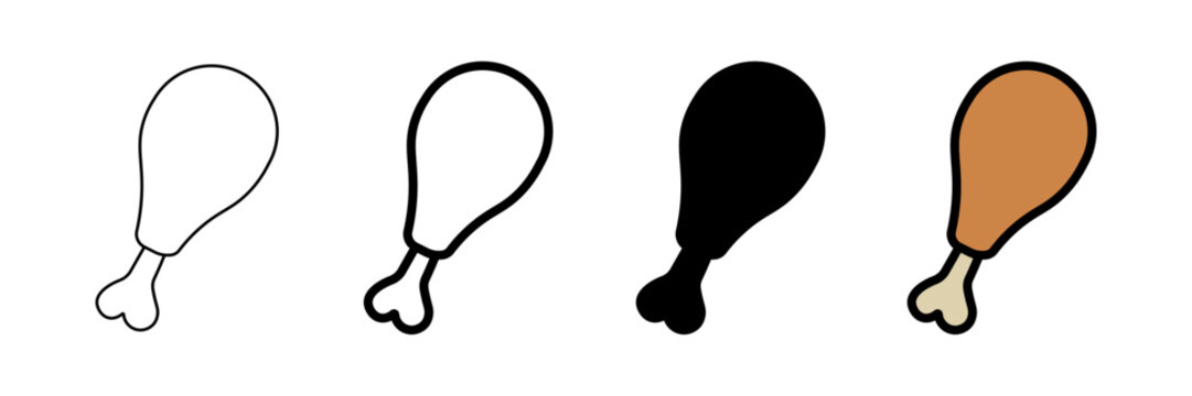 Set of minimalist chicken drumstick icons with transparent background, depicting poultry food symbols, restaurant menu items, and meal ingredient designs, vector illustration