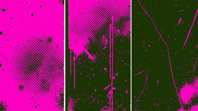 Set of three vibrant pink and dark green grungy backgrounds with halftone dots, paint splatters, and scratch textures.