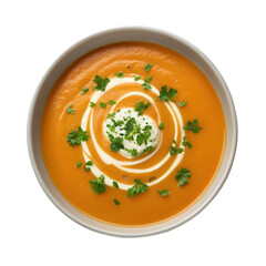 Creamy sweet potato soup with herbs and swirl of cream on transparent background creates delightful presentation
