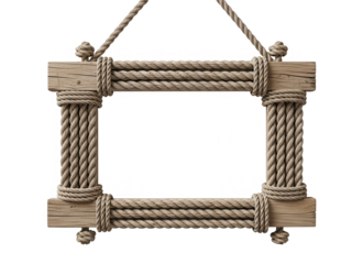 Rustic wooden frame with rope detailing hanging from ropes on transparent background