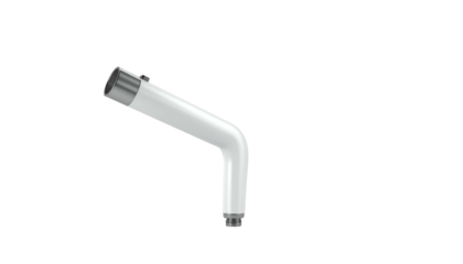 Bent white medical device with metallic tips and cylindrical handle on black background