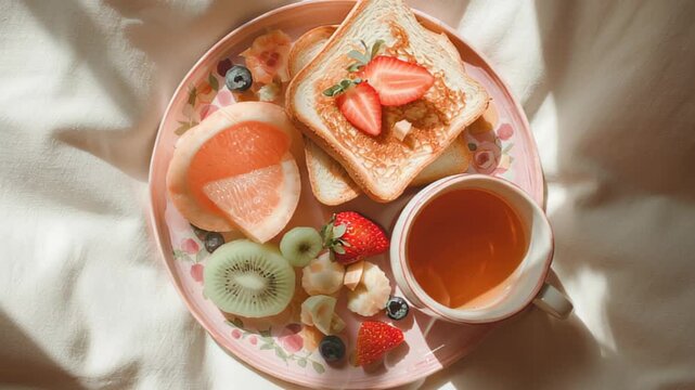watercolor flatlay of breakfast plate with toast, fruit, and tea, natural daylight, soft pastel color palette 