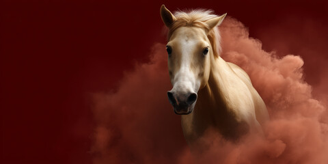 Majestic White Horse Emerging from Colorful Clouds of Dust Against a Rich Red Background in a Stunning and Captivating Fine Art Style