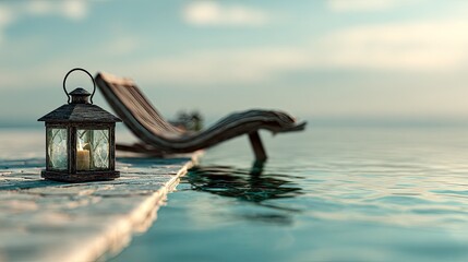 Rustic lantern illuminates stone edge beside tranquil water with blurred relaxation furniture in background