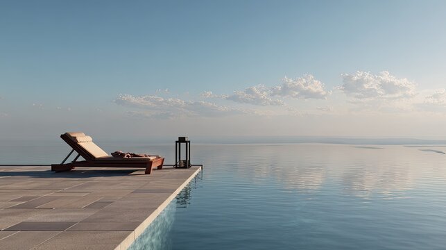 Luxurious wooden lounge chair rests beside an infinity pool overlooking calm ocean waters under a clear sky.