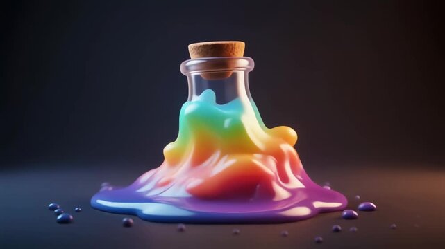 Vibrant rainbow-colored liquid oozing from a glass bottle with a cork stopper onto a dark surface.