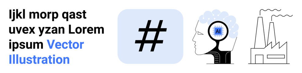 Obraz premium metadata tag symbol, human brain with AI symbol, factory with chimneys. Ideal for tech, innovation, AI, industry, automation, social media and simple landing page