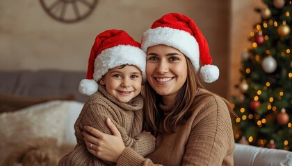 Smiling mother and child wearing festive hats embrace near illuminated holiday tree