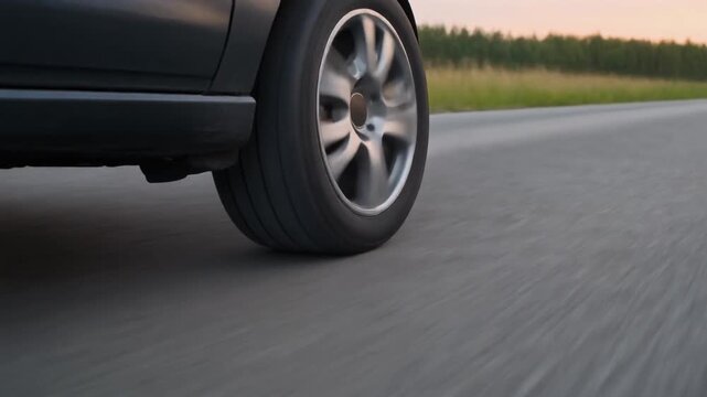 closeup of car wheel rolling over road in smooth rotation