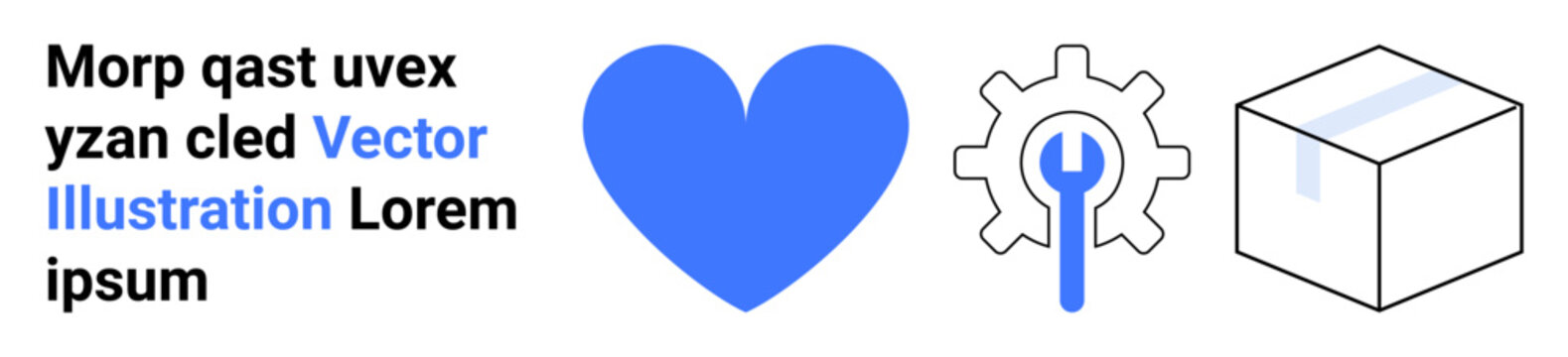 Business services, package shipping, logistics, technical repair, support, and care. Blue heart, gear with wrench and box. Packaging and technical repair concepts in visual form
