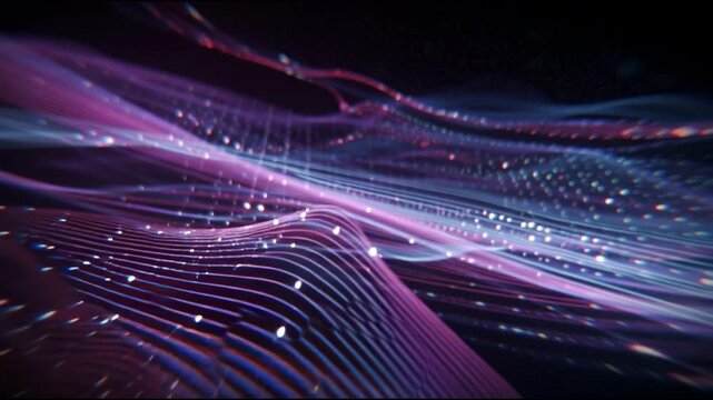 Vibrant purple and blue graphic resources wave pattern with sparkling particles against a dark background, conveying a dynamic and futuristic mood with a shallow depth of field.