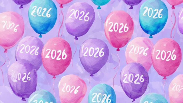 watercolor illustration of balloons with numbers "2026" arranged in pattern, pastel lavender background, cute festive style