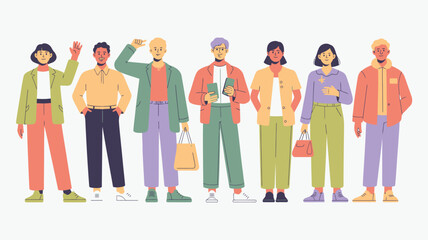 A group of eight diverse individuals, men and women, standing together in various casual outfits