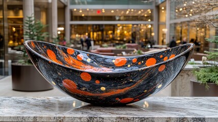 Obraz premium Abstract, oval-shaped bowl, with vibrant orange and black speckled design, sits on a stone ledge, indoors