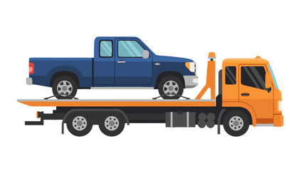 Flatbed Tow Truck Hauling Blue Pickup Truck
