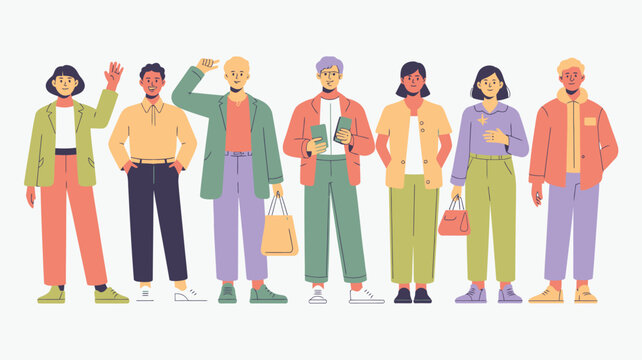 A group of eight diverse individuals, men and women, standing together in various casual outfits