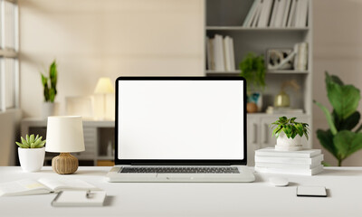 Home office setup designed for productivity with a laptop and modern decor. 3D render illustration